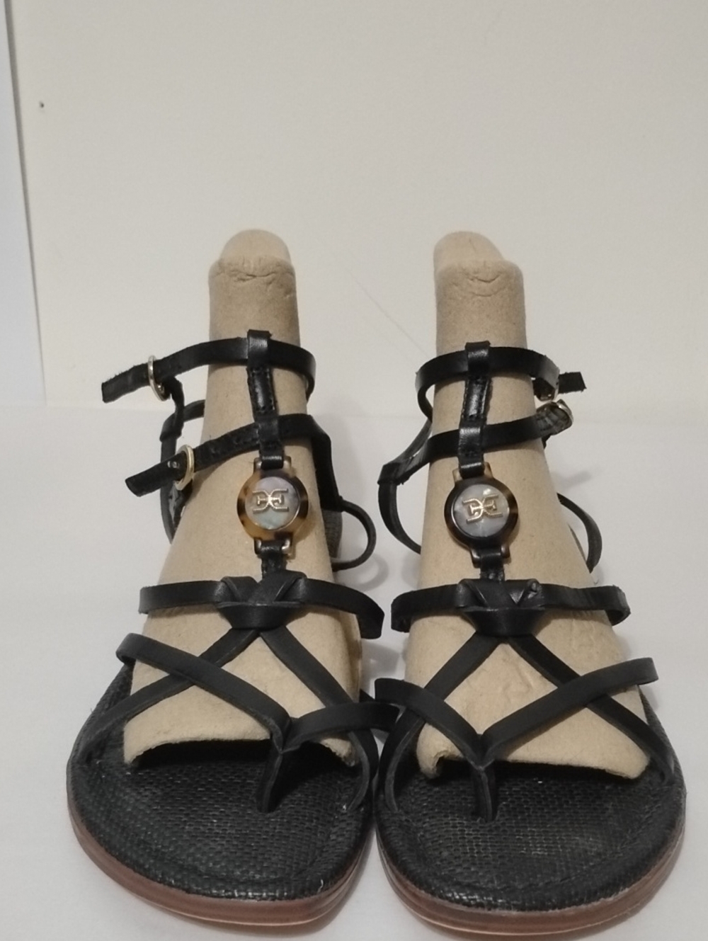 Sam Edelman Gwen Black Strappy Sandals with Gold Logo Accent
